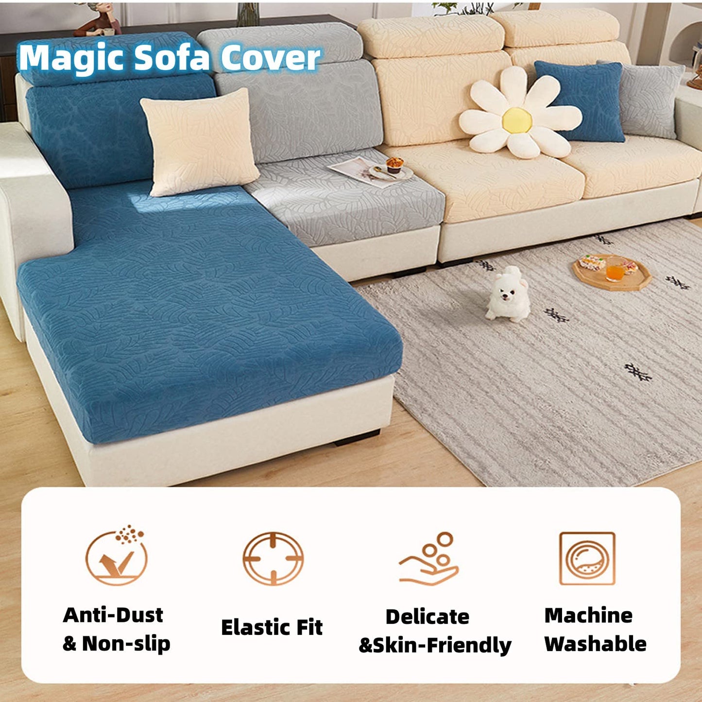 Magic Sofa Covers Couch Covers 2024 New Wear-Resistant Universal Sofa Covers Washable Stretch Couch Cushion Covers Slipcovers for Sectional Sofa (Texture Sea Blue,Pillowcase)