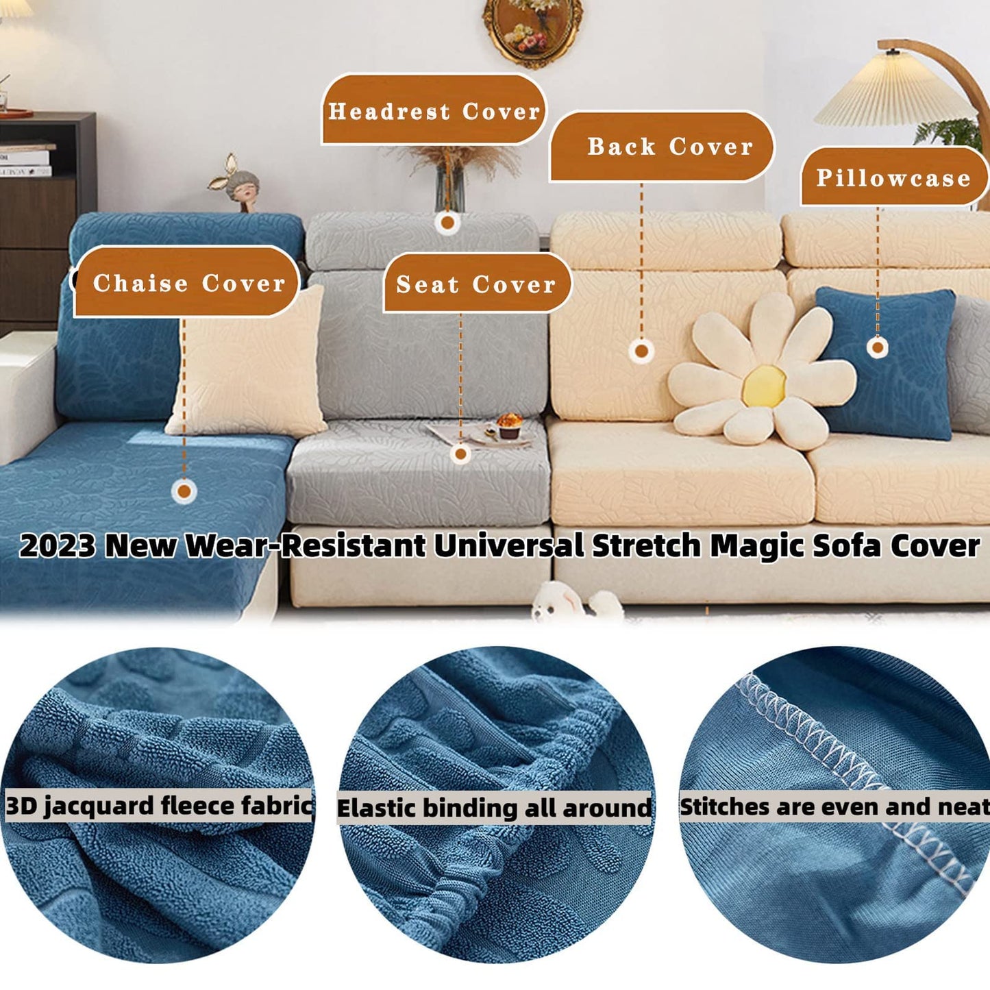 Magic Sofa Covers Couch Covers 2024 New Wear-Resistant Universal Sofa Covers Washable Stretch Couch Cushion Covers Slipcovers for Sectional Sofa (Texture Sea Blue,Pillowcase)